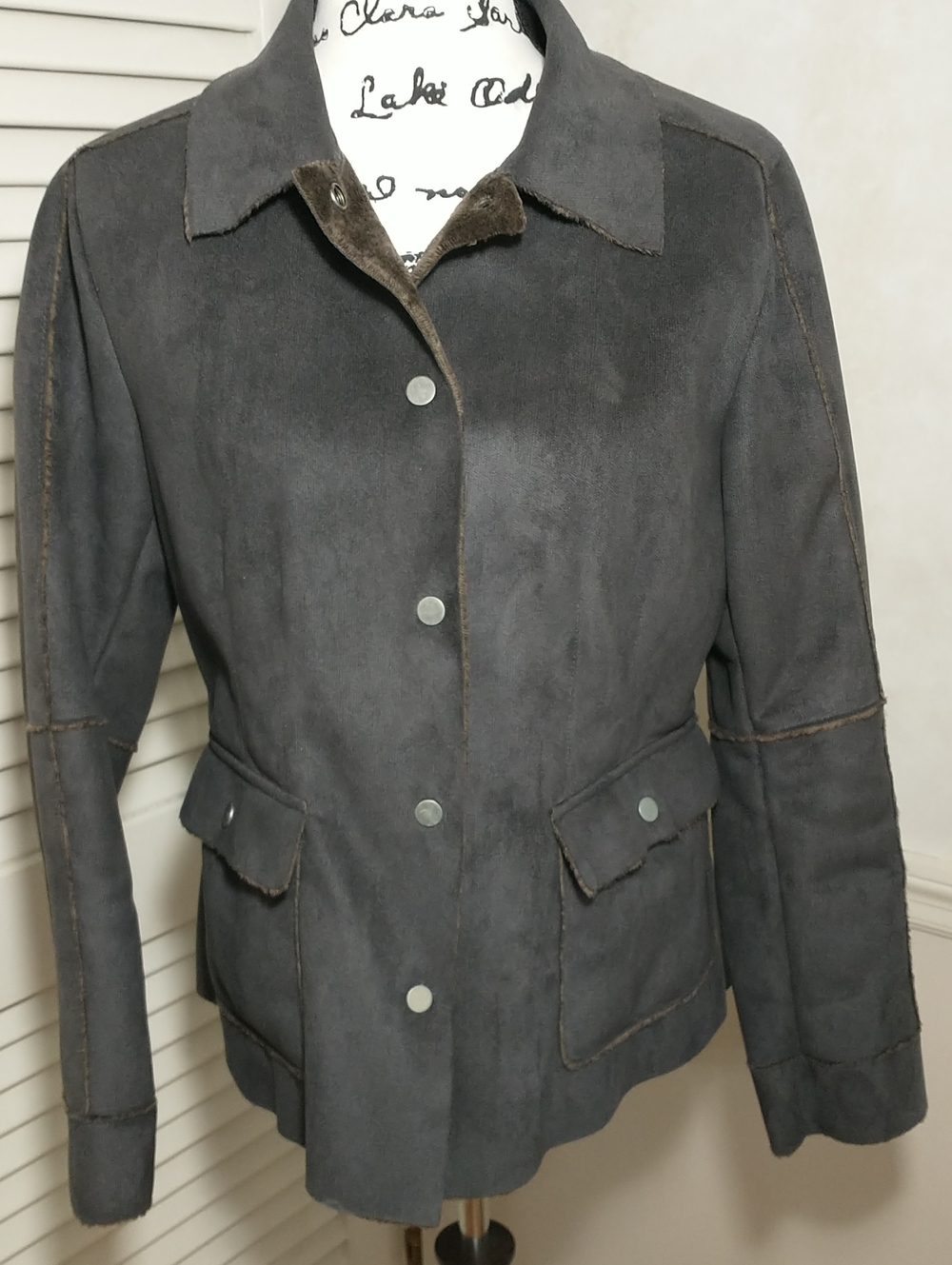 Cabi Faux MicroSuede Shearling Patchwork Jacket, Snaps Up, Snap Pockets, Medium